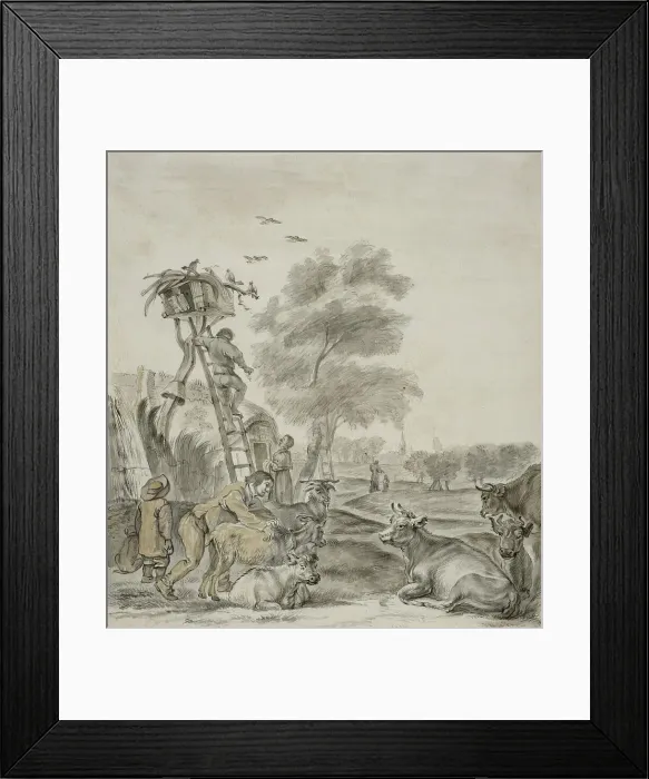 Framed Print : Farmers and cattle in front of a cabin. Creator: Unknown Framed Print : Farmers and cattle in front of a cabin. Creator: Unknown