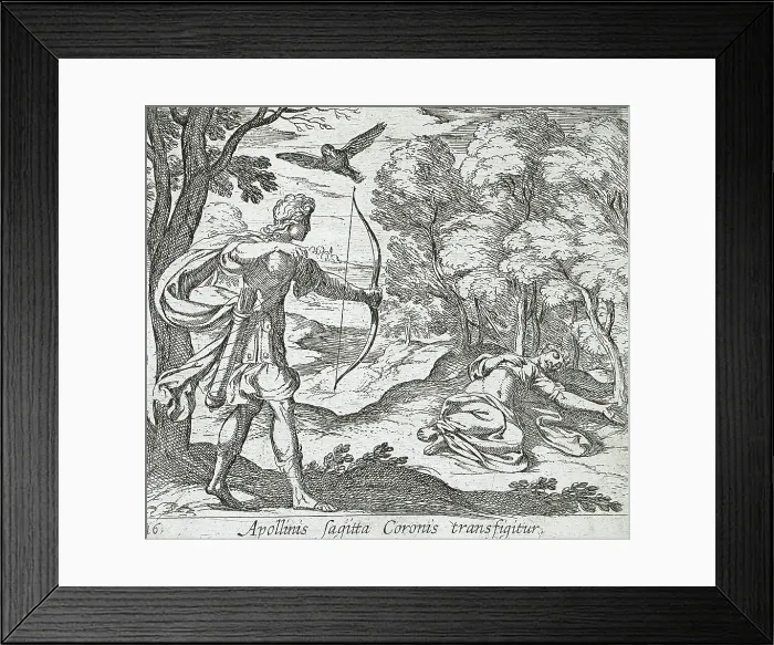 Framed Print : Apollo Killing Coronis, published 1606. Creators: Antonio Tempesta, Wilhelm Janson Framed Print : Apollo Killing Coronis, published 1606. Creators: Antonio Tempesta, Wilhelm Janson