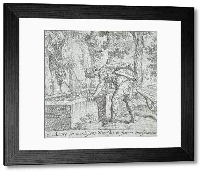 Framed Print : Narcissus at the Well, published 1606. Creators: Antonio Tempesta, Wilhelm Janson Framed Print : Narcissus at the Well, published 1606. Creators: Antonio Tempesta, Wilhelm Janson