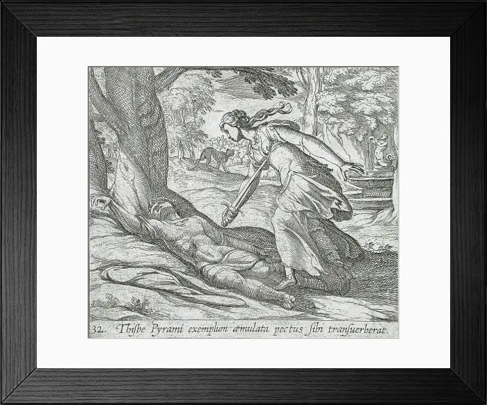 Framed Print : Thisbe Killing Herself, published 1606. Creators: Antonio Tempesta, Wilhelm Janson Framed Print : Thisbe Killing Herself, published 1606. Creators: Antonio Tempesta, Wilhelm Janson