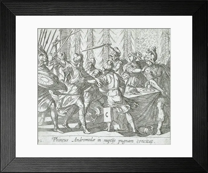 Framed Print : Phineus Attacking Perseus at the Wedding, published 1606. Creators: Antonio Tempesta, Wilhelm Janson Framed Print : Phineus Attacking Perseus at the Wedding, published 1606. Creators: Antonio Tempesta, Wilhelm Janson
