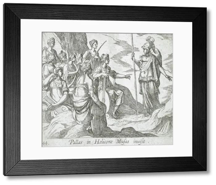 Framed Print : Athena with the Muses, published 1606. Creators: Antonio Tempesta, Wilhelm Janson Framed Print : Athena with the Muses, published 1606. Creators: Antonio Tempesta, Wilhelm Janson