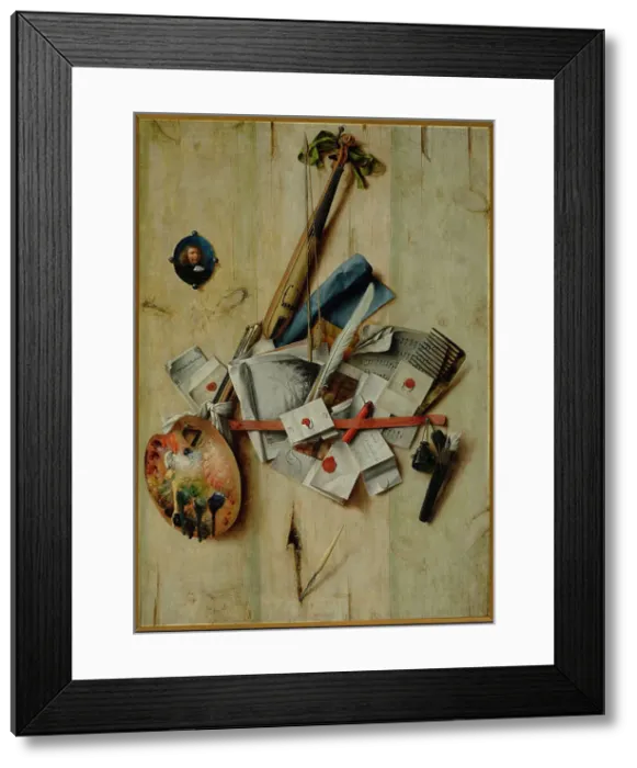 Framed Print : Trompe l'oeil with Violin, Painting Tools and Self-Portrait, 1675. Creator: Gijsbrechts, Cornelis Norbertus (before 1657-after 1675) Framed Print : Trompe l'oeil with Violin, Painting Tools and Self-Portrait, 1675. Creator: Gijsbrechts, Cornelis Norbertus (before 1657-after 1675)