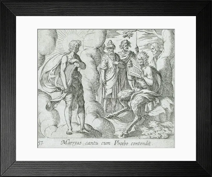 Framed Print : Marsyas Playing the Pipes Before Apollo, published 1606. Creators: Antonio Tempesta, Wilhelm Janson Framed Print : Marsyas Playing the Pipes Before Apollo, published 1606. Creators: Antonio Tempesta, Wilhelm Janson