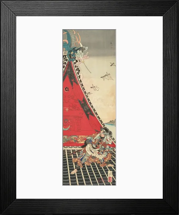Framed Print : Two Brave Men (Inuzuka Shino und Inukai Gempachi) Fighting on the Roof of Horyukaku. Creator: Yoshitoshi, Tsukioka (1839-1892) Framed Print : Two Brave Men (Inuzuka Shino und Inukai Gempachi) Fighting on the Roof of Horyukaku. Creator: Yoshitoshi, Tsukioka (1839-1892)