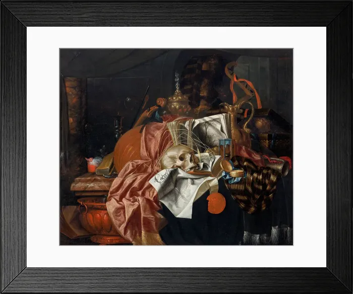 Framed Print : Vanitas still life with musical instruments, ceremonial vessels, books, an extinguished candle... Creator: Gijsbrechts, Franciscus (1649-after 1677) Framed Print : Vanitas still life with musical instruments, ceremonial vessels, books, an extinguished candle... Creator: Gijsbrechts, Franciscus (1649-after 1677)