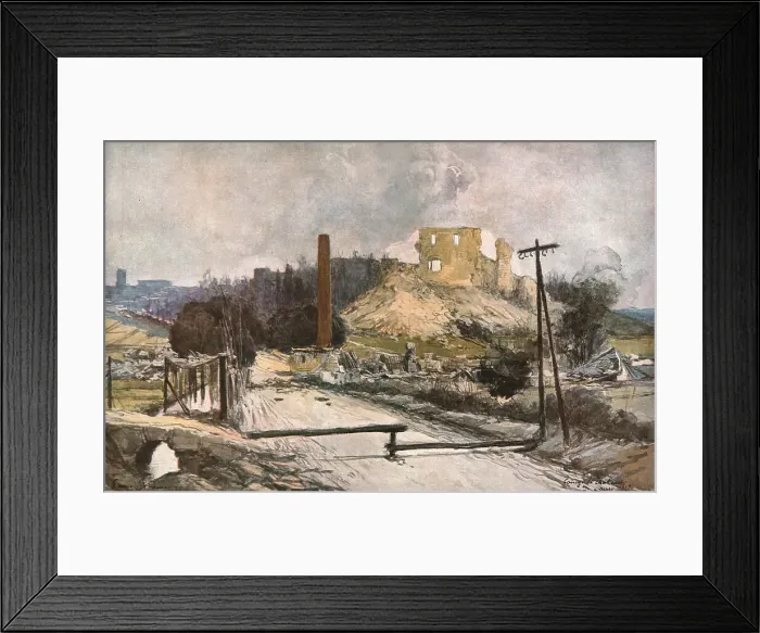 Framed Print : La retraite allemande (mars 1917). Coucy-le Chateau apres la destruction allemande, 1917. Creator: Francois Flameng Framed Print : La retraite allemande (mars 1917). Coucy-le Chateau apres la destruction allemande, 1917. Creator: Francois Flameng