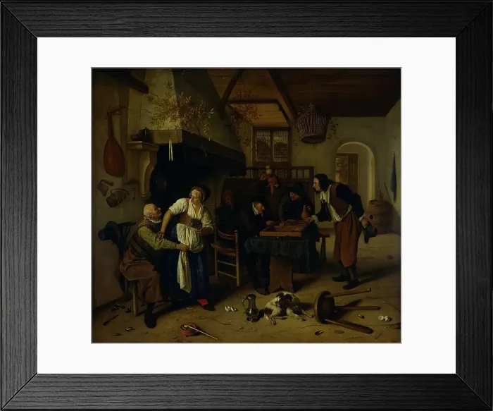 Framed Print : Interior of an inn with an old man amusing himself with the landlady and two men playing backgammon, Creator: Jan Steen Framed Print : Interior of an inn with an old man amusing himself with the landlady and two men playing backgammon, Creator: Jan Steen