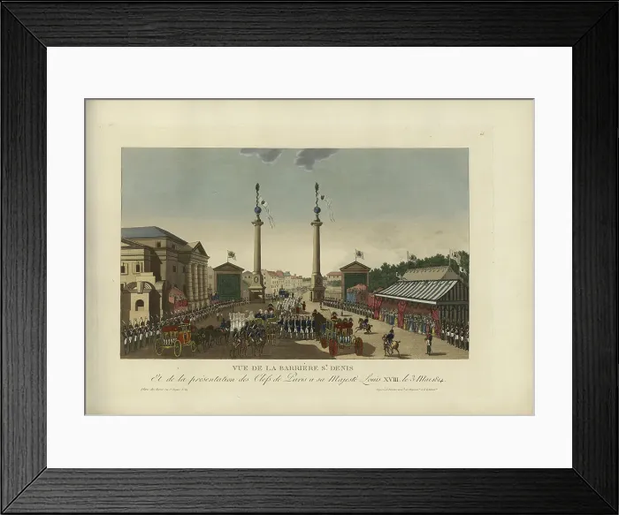 Framed Print : Vue de la barrière Saint-Denis, et de la présentation des clefs à Sa Majesté Louis XVIII le 3 mai... Creator: Courvoisier-Voisin, Henri (1757-1830) Framed Print : Vue de la barrière Saint-Denis, et de la présentation des clefs à Sa Majesté Louis XVIII le 3 mai... Creator: Courvoisier-Voisin, Henri (1757-1830)
