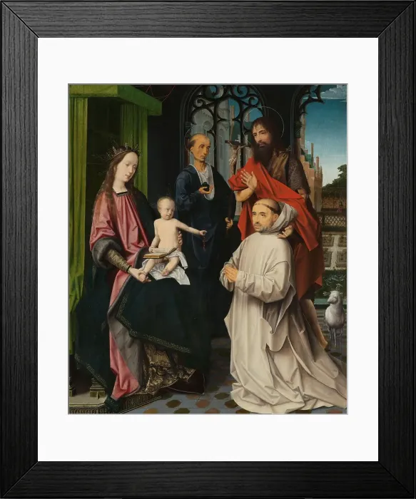 Framed Print : Virgin and Child Enthroned, with Saints Jerome and John the Baptist and a Carthusian Monk, c.1510. Creator: Jan Provoost Framed Print : Virgin and Child Enthroned, with Saints Jerome and John the Baptist and a Carthusian Monk, c.1510. Creator: Jan Provoost