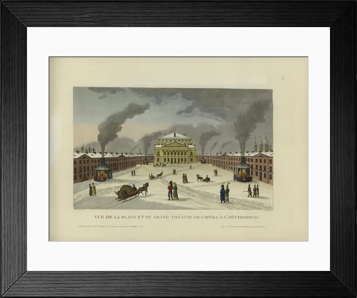 Framed Print : Vue de la place et du grand théâtre de l'opéra à Saint-Pétersbourg, 1817-1824. Creator: Courvoisier-Voisin, Henri (1757-1830) Framed Print : Vue de la place et du grand théâtre de l'opéra à Saint-Pétersbourg, 1817-1824. Creator: Courvoisier-Voisin, Henri (1757-1830)