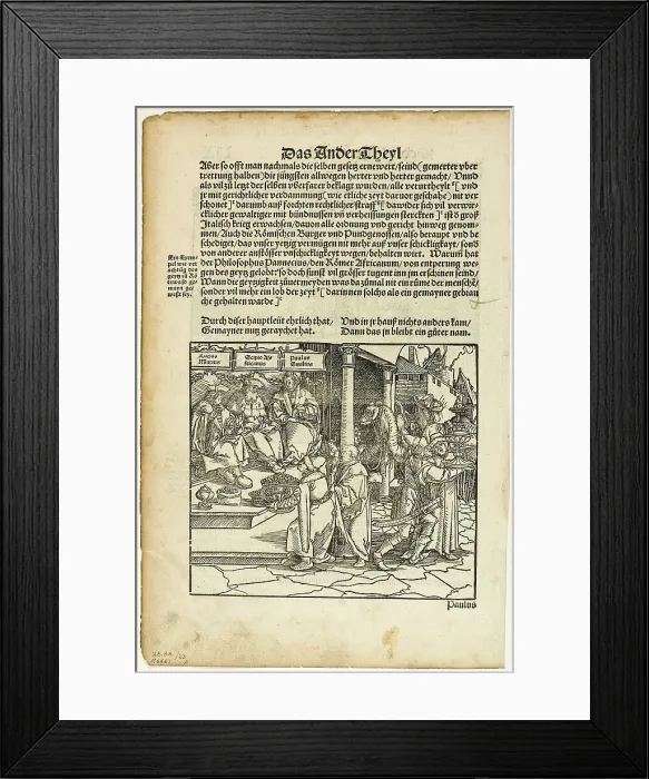 Framed Print : Lucius Mutius, Scipio Africanus, and Paulus Aemilius (recto) Battle Scene (verso) from... 1937. Creator: Hans Weiditz Framed Print : Lucius Mutius, Scipio Africanus, and Paulus Aemilius (recto) Battle Scene (verso) from... 1937. Creator: Hans Weiditz