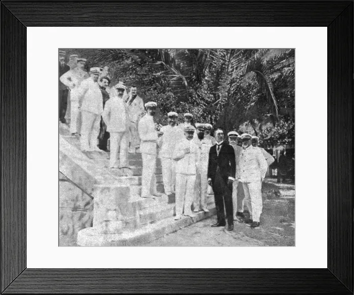 Framed Print : Les evenements d'orient; M. Guillemin, notre ministre en Grece, etles amiraaux de notre escadre. Creator: S. Leonce Framed Print : Les evenements d'orient; M. Guillemin, notre ministre en Grece, etles amiraaux de notre escadre. Creator: S. Leonce