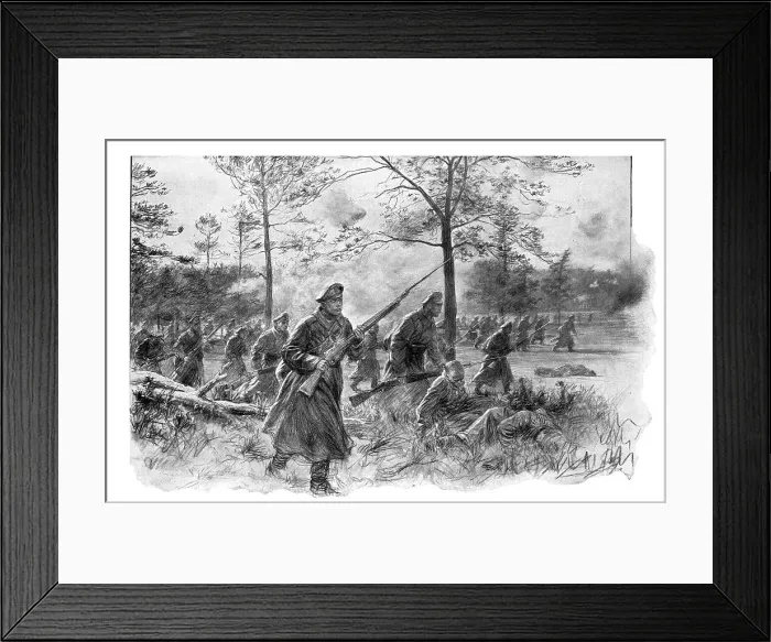 Framed Print : Les dernieres victoires Russes; Arrivant au terrain decouvert, les fantassins russes se dressent et Creator: Unknown Framed Print : Les dernieres victoires Russes; Arrivant au terrain decouvert, les fantassins russes se dressent et Creator: Unknown