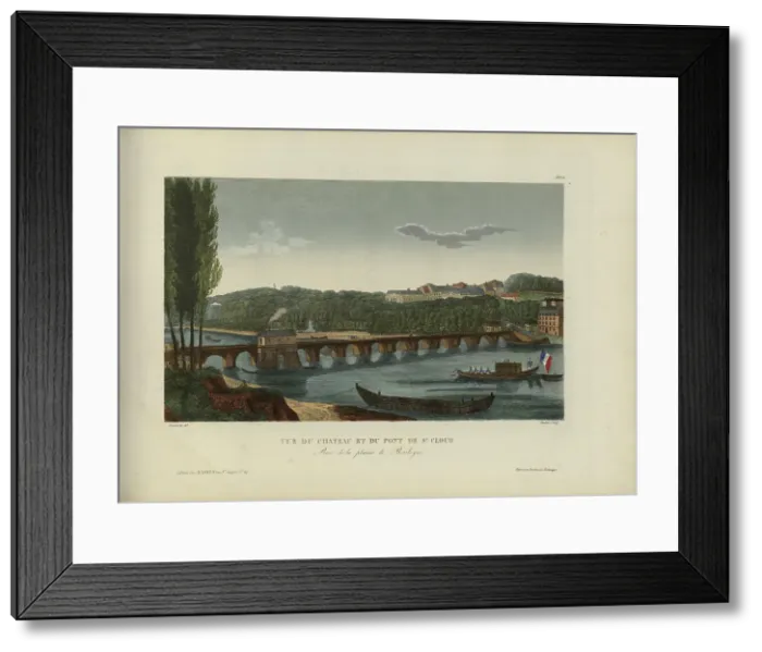 Framed Print : Vue du château et du pont de Saint-Cloud, prise de la plaine de Boulogne, 1817-1824. Creator: Courvoisier-Voisin, Henri (1757-1830) Framed Print : Vue du château et du pont de Saint-Cloud, prise de la plaine de Boulogne, 1817-1824. Creator: Courvoisier-Voisin, Henri (1757-1830)