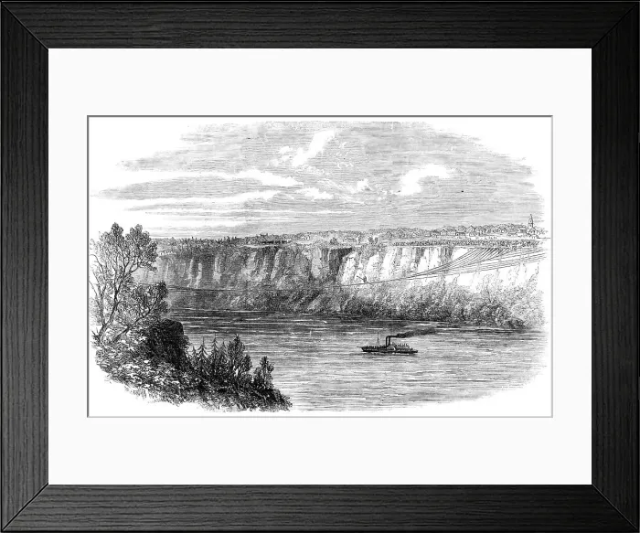 Framed Print : Farina, with a man on his back, crossing the Niagara on a tightrope... August 29, 1860. Creator: Unknown Framed Print : Farina, with a man on his back, crossing the Niagara on a tightrope... August 29, 1860. Creator: Unknown
