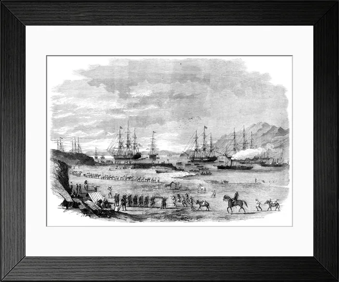 Framed Print : The War in China - departure from Hockly Pier, Odin Bay, of the Sikh Cavalry and troops... 1860. Creator: Unknown Framed Print : The War in China - departure from Hockly Pier, Odin Bay, of the Sikh Cavalry and troops... 1860. Creator: Unknown