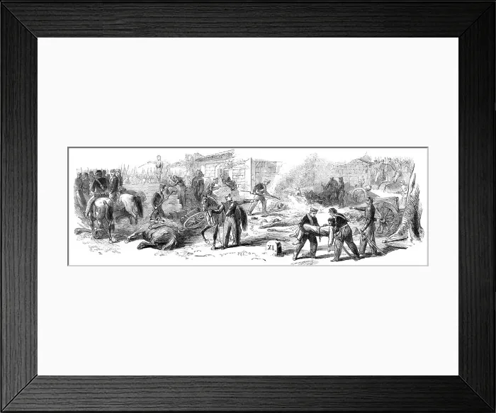 Framed Print : The Battle on the Volturno - battery where the Neapolitans burnt the wounded Garibaldians... 1860. Creator: Unknown Framed Print : The Battle on the Volturno - battery where the Neapolitans burnt the wounded Garibaldians... 1860. Creator: Unknown