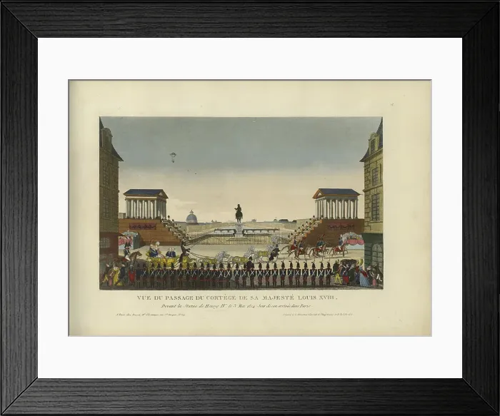 Framed Print : Vue du passage du cortège de Sa Majesté Louis XVIII, devant la statue de Henry IV le 3 mai 1814... Creator: Courvoisier-Voisin, Henri (1757-1830) Framed Print : Vue du passage du cortège de Sa Majesté Louis XVIII, devant la statue de Henry IV le 3 mai 1814... Creator: Courvoisier-Voisin, Henri (1757-1830)