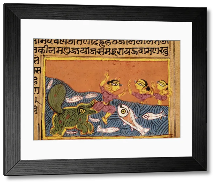 Framed Print : A Dolphin (Shishumara) Attacks a Woman, Folio from a Yashodhara Charita (Life of Yashodhara), 1454. Creator: Unknown Framed Print : A Dolphin (Shishumara) Attacks a Woman, Folio from a Yashodhara Charita (Life of Yashodhara), 1454. Creator: Unknown