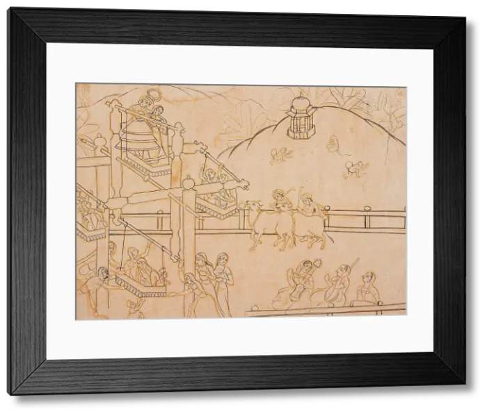 Framed Print : Krishna and the Gopis Ride a Ferris Wheel at a Village Festival, c1825. Creator: Unknown Framed Print : Krishna and the Gopis Ride a Ferris Wheel at a Village Festival, c1825. Creator: Unknown