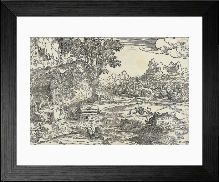 Framed Print : Saint Jerome in the Wilderness with Fighting Lion and Bear, between 1530 and 1535. Creator: Domenico Campagnola Framed Print : Saint Jerome in the Wilderness with Fighting Lion and Bear, between 1530 and 1535. Creator: Domenico Campagnola