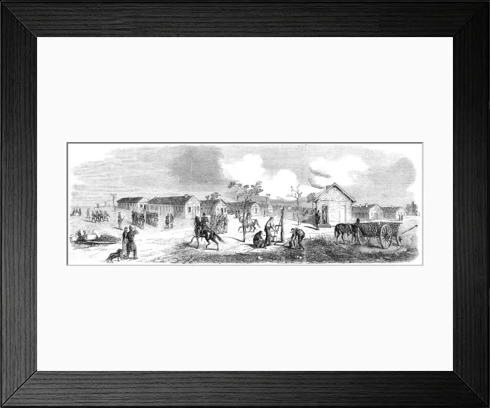 Framed Print : Quarters for infantry at the camp of Chalons - from a drawing by M. Beaucé, 1860. Creator: Unknown Framed Print : Quarters for infantry at the camp of Chalons - from a drawing by M. Beaucé, 1860. Creator: Unknown