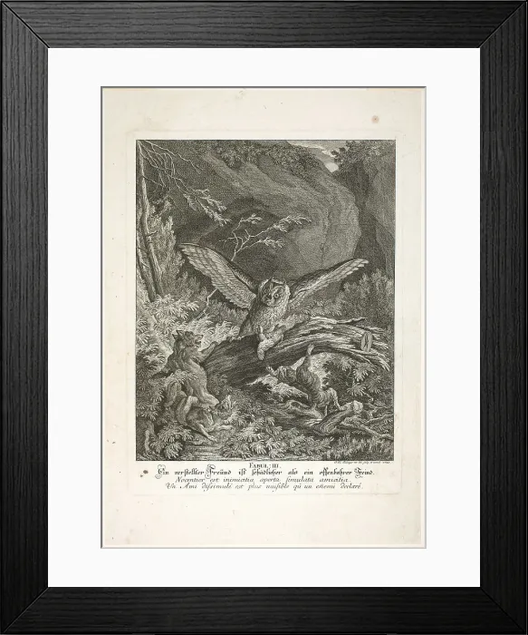 Framed Print : Fable III, plate three from Lehrreiche Fabeln aus dem Reiche der Theire, 1743. Creator: Johann Elias Ridinger Framed Print : Fable III, plate three from Lehrreiche Fabeln aus dem Reiche der Theire, 1743. Creator: Johann Elias Ridinger