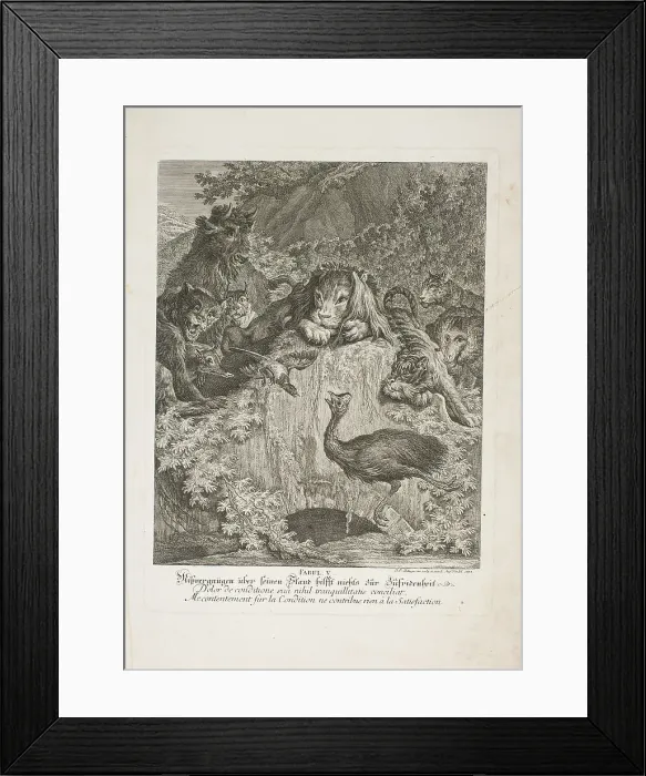 Framed Print : Fable V, plate five from Lehrreiche Fabeln aus dem Reiche der Theire, 1743. Creator: Johann Elias Ridinger Framed Print : Fable V, plate five from Lehrreiche Fabeln aus dem Reiche der Theire, 1743. Creator: Johann Elias Ridinger