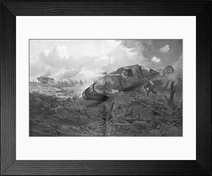 Framed Print : L'Apparition des Tanks; L'entrée en ligne des premiers chars d'assaut Anglais, le 15 septembre 1916 Creator: J Simont Framed Print : L'Apparition des Tanks; L'entrée en ligne des premiers chars d'assaut Anglais, le 15 septembre 1916 Creator: J Simont