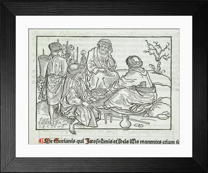 Framed Print : Syrian Vineyard Workers Pausing for a Meal (recto); Text with Table (verso), published 1486. Creator: Erhard Reuwich Framed Print : Syrian Vineyard Workers Pausing for a Meal (recto); Text with Table (verso), published 1486. Creator: Erhard Reuwich