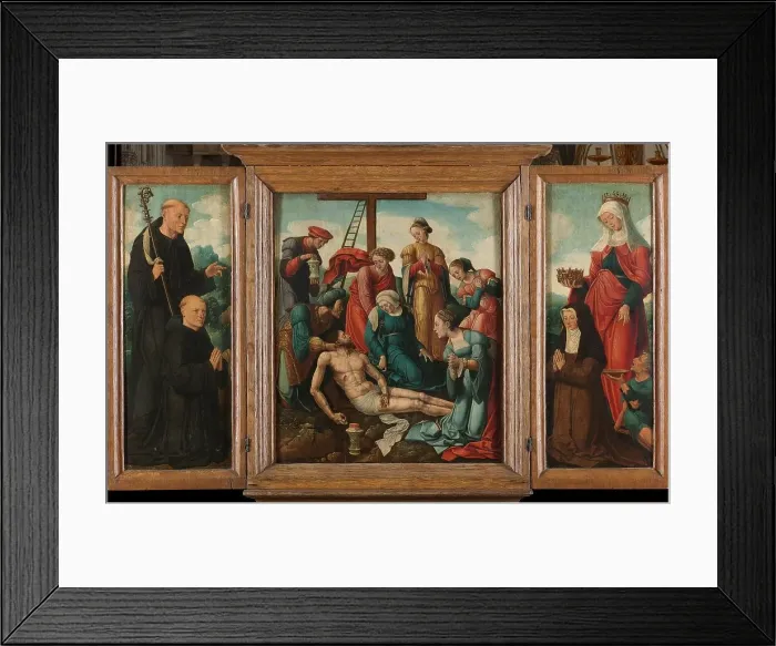 Framed Print : Triptych with the Lamentation of Christ (center), flanked by the male Donor with Saint Benedict (lef Creator: Cornelis Buys the Younger) Framed Print : Triptych with the Lamentation of Christ (center), flanked by the male Donor with Saint Benedict (lef Creator: Cornelis Buys the Younger)