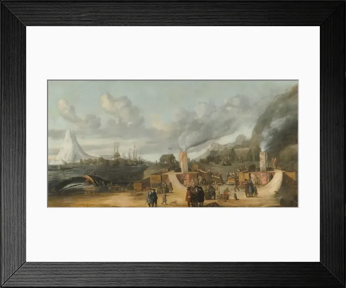 Framed Print : The Whale-oil Refinery near the Village of Smerenburg, 1639. Creator: Cornelis de Man Framed Print : The Whale-oil Refinery near the Village of Smerenburg, 1639. Creator: Cornelis de Man