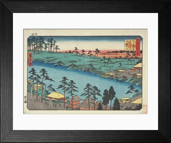 Framed Print : A Temple Beside a Pond at Junisho Quarter, in Tsunohazu District of Yotsuya Area. 19th century. Creator: Ando Hiroshige