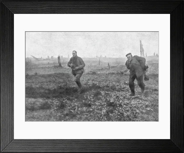 Framed Print : Notre offensive du 15 decembre 1916; Deux Allemands sortent d'un abri depasse par notre premiere va Creator: Unknown Framed Print : Notre offensive du 15 decembre 1916; Deux Allemands sortent d'un abri depasse par notre premiere va Creator: Unknown