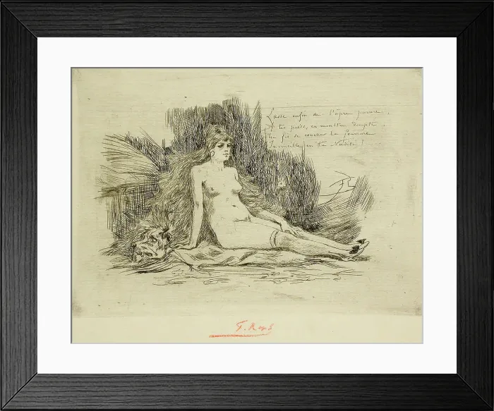 Framed Print : La Grande Femme à la fourrure, assise, 1878. Creator: Félicien Rops Framed Print : La Grande Femme à la fourrure, assise, 1878. Creator: Félicien Rops