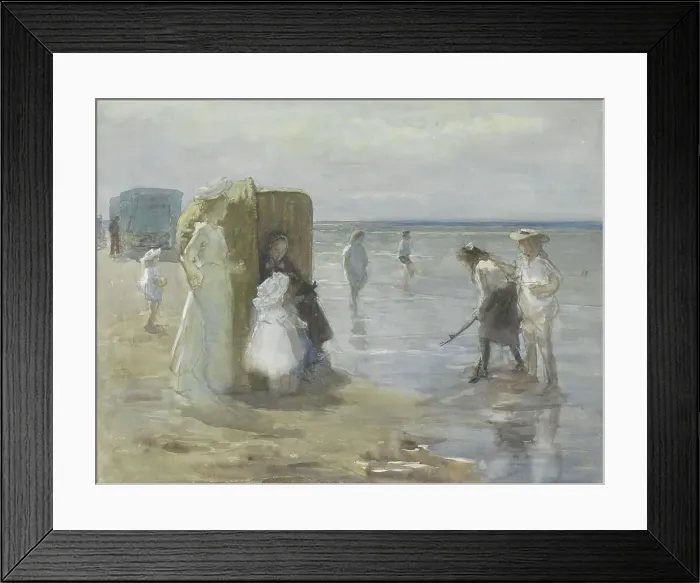 Framed Print : View along the tide line on Scheveningen beach, with women and children, 1874-1927. Creator: Johan Antonie de Jonge Framed Print : View along the tide line on Scheveningen beach, with women and children, 1874-1927. Creator: Johan Antonie de Jonge