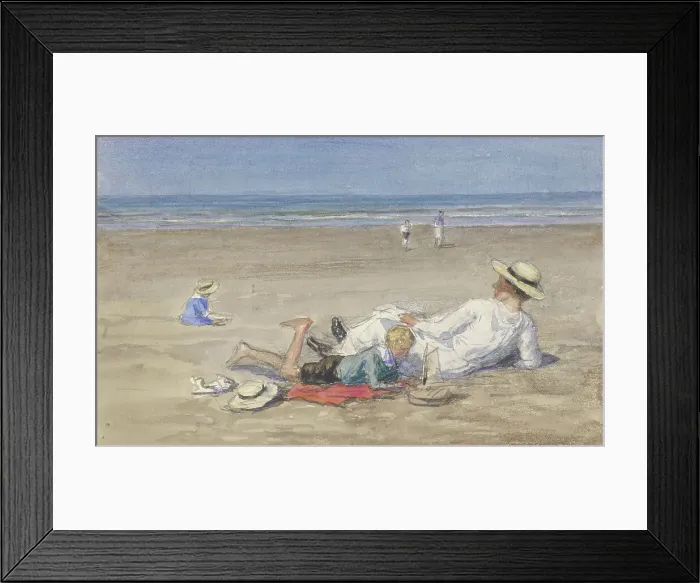 Framed Print : Resting nanny with two children on the beach, 1874-1927. Creator: Johan Antonie de Jonge Framed Print : Resting nanny with two children on the beach, 1874-1927. Creator: Johan Antonie de Jonge