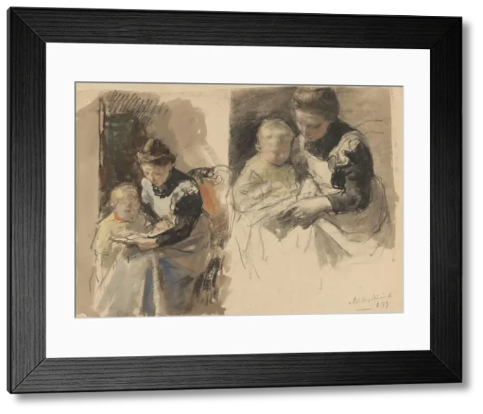 Framed Print : Two studies of a maid teaching a boy to read on her lap, 1874-1927. Creator: Johan Antonie de Jonge Framed Print : Two studies of a maid teaching a boy to read on her lap, 1874-1927. Creator: Johan Antonie de Jonge