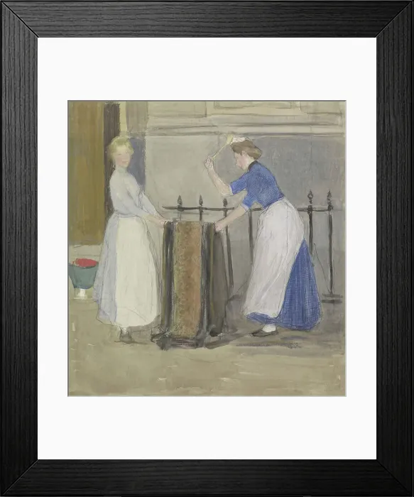 Framed Print : Two maids airing a mat in front of a town hall, 1874-1927. Creator: Johan Antonie de Jonge Framed Print : Two maids airing a mat in front of a town hall, 1874-1927. Creator: Johan Antonie de Jonge