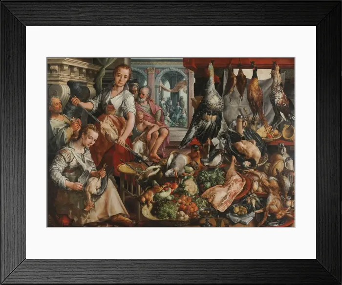 Framed Print : The Well-stocked Kitchen, with Jesus in the House of Martha and Mary in the Background, 1566. Creator: Joachim Bueckelaer