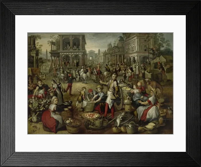 Framed Print : Marketplace, with the Flagellation, the Ecce Homo and the Bearing of the Cross in the background, 15 Creator: Unknown Framed Print : Marketplace, with the Flagellation, the Ecce Homo and the Bearing of the Cross in the background, 15 Creator: Unknown