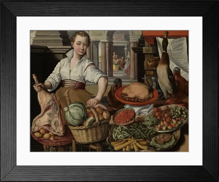 Framed Print : Kitchen Scene, with Jesus in the House of Martha and Mary in the background, 1569. Creator: Unknown Framed Print : Kitchen Scene, with Jesus in the House of Martha and Mary in the background, 1569. Creator: Unknown