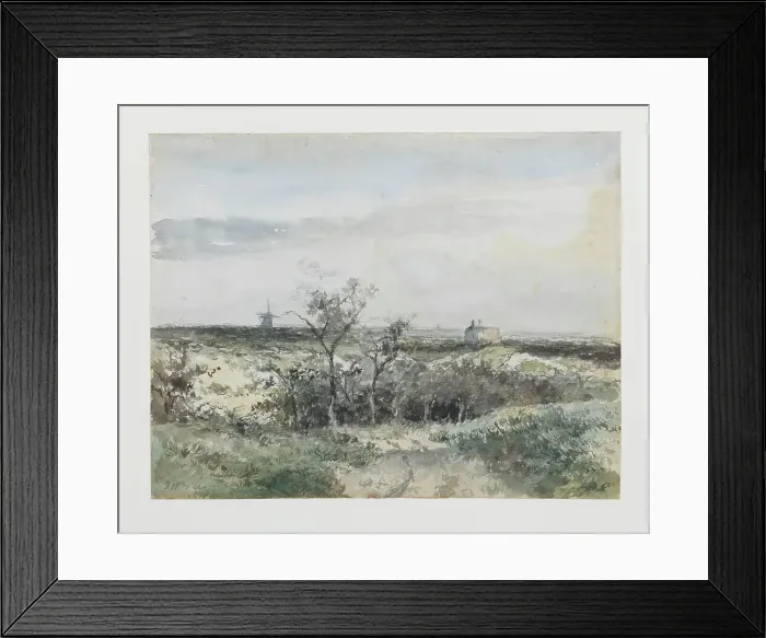 Framed Print : View of the Dekkersduin, with the old gas factory and windmill in the distance, 1834-1903. Creator: Jan Hendrik Weissenbruch Framed Print : View of the Dekkersduin, with the old gas factory and windmill in the distance, 1834-1903. Creator: Jan Hendrik Weissenbruch