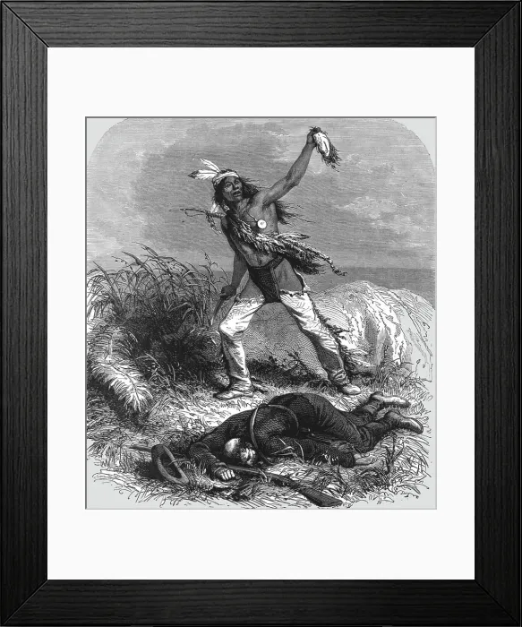 Framed Print : The exultant Indians mutilate the dead body; Passage of the Great Canon of the Colorado, 1875. Creator: A. R Calhoun Framed Print : The exultant Indians mutilate the dead body; Passage of the Great Canon of the Colorado, 1875. Creator: A. R Calhoun