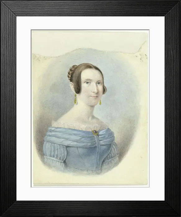 Framed Print : Woman in a blue dress, with gold earrings, 1782-1849. Creator: Johannes Hari Framed Print : Woman in a blue dress, with gold earrings, 1782-1849. Creator: Johannes Hari
