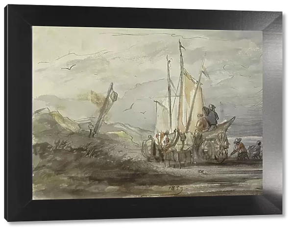 Horse and carriage on a shore near a sailing ship, 1839. Creator: Johannes Tavenraat