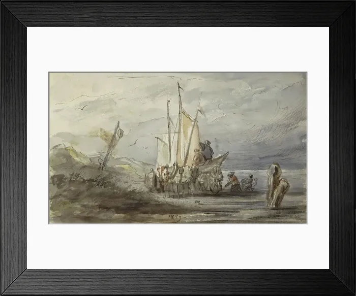Framed Print : Horse and carriage on a shore near a sailing ship, 1839. Creator: Johannes Tavenraat Framed Print : Horse and carriage on a shore near a sailing ship, 1839. Creator: Johannes Tavenraat