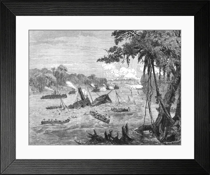 Framed Print : Naval Warfare in Paraguay, destruction of a Brazilian gunboat by a torpedo; A visit to... 1875. Creator: Unknown Framed Print : Naval Warfare in Paraguay, destruction of a Brazilian gunboat by a torpedo; A visit to... 1875. Creator: Unknown
