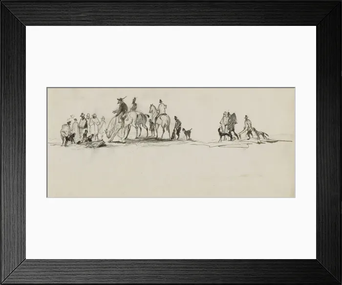 Framed Print : Men with dogs, on foot and on horseback, 1840-1868. Creator: Johannes Tavenraat Framed Print : Men with dogs, on foot and on horseback, 1840-1868. Creator: Johannes Tavenraat